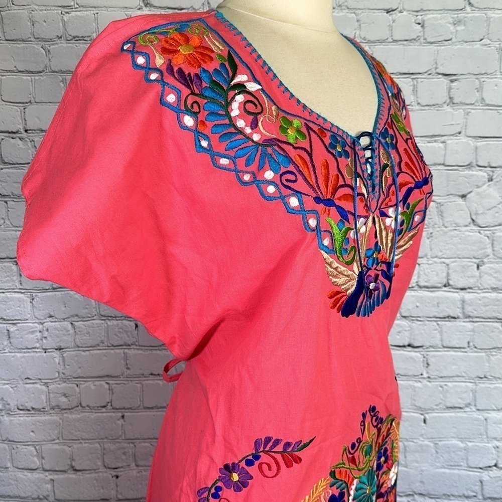 Mexican Embroidered Coral Floral Caftan Shift Oaxacan Peasant Boho Dress XL NWOT - Picture 7 of 16
